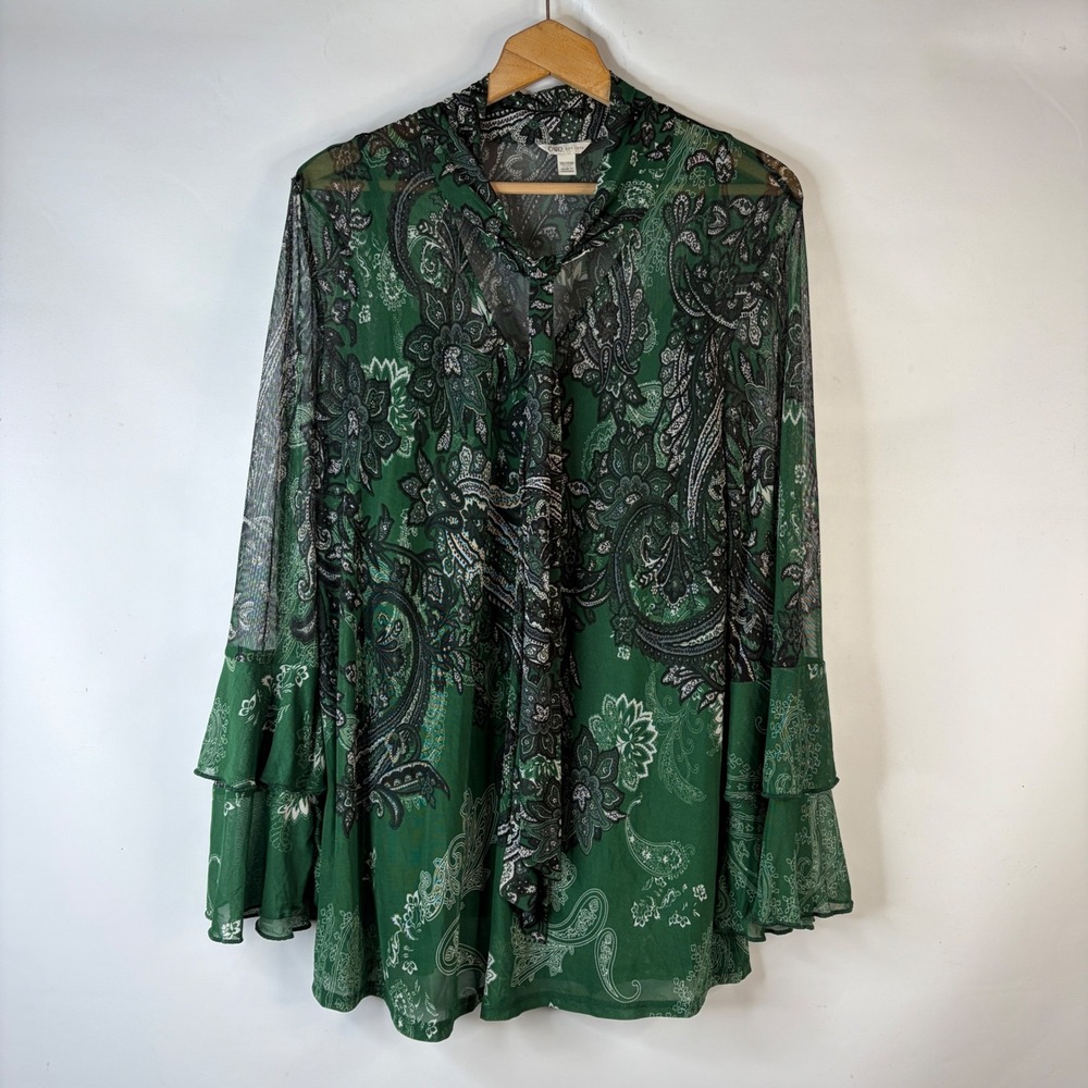 Cato Blouse Womens 18/20W Green Paisley Tie Neck Tiered Bell Sleeve Mesh Overlay - Picture 1 of 10